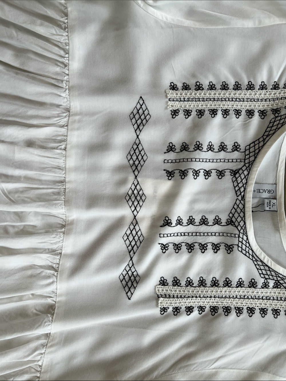 Embroidered White Midi Dress with Black Trim - Picture 13 of 13